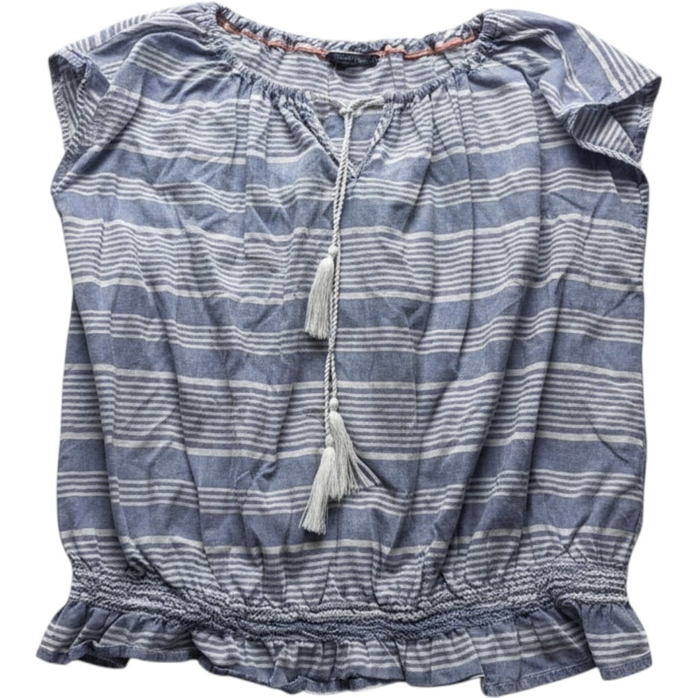Tommy Hilfiger Blouse Womens XL Blue Scoop Neck Cap Sleeve Stripe Tassel Top
